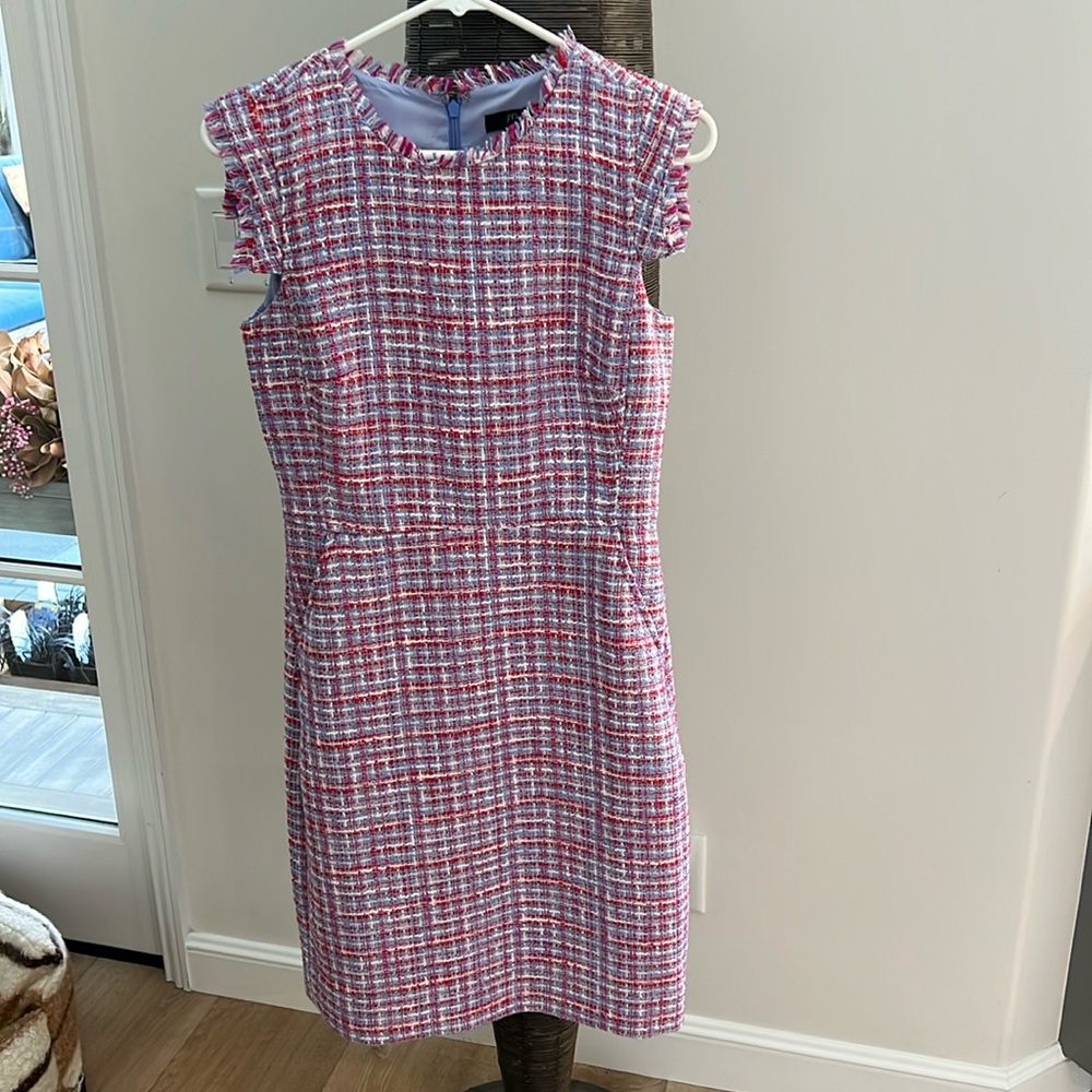 J Crew Women's Size 2 Red White Pink and Blue Fringe Tweed Resume Sheath Dress